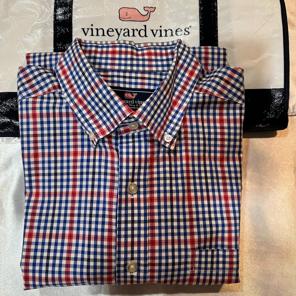 Vineyard Vines Men’s Slim Fit Murray Shirt, Blue/Red/White, Size L